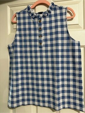 Ann Taylor Blue and White Gingham Sleeveless Button Tank